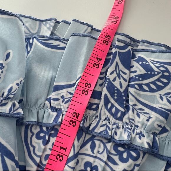 Kleid Chloe Mini dress Flower Blue Sz M puff sleeve ruffle hem - Picture 2 of 7